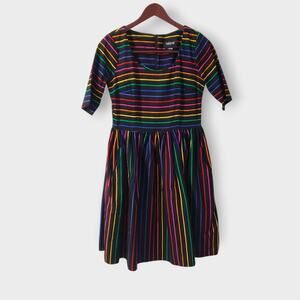 Collectif London Rainbow Stripe Swing Dress Sz 8 Med Rockabilly Retro 60s Flare